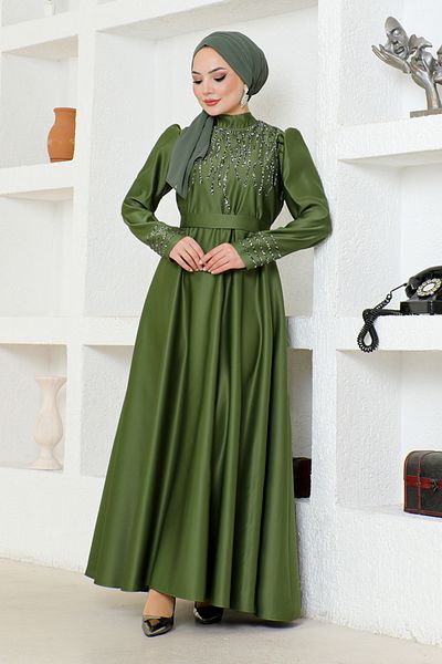 ModaMerve Green Satin Evening Dress - YGS6547