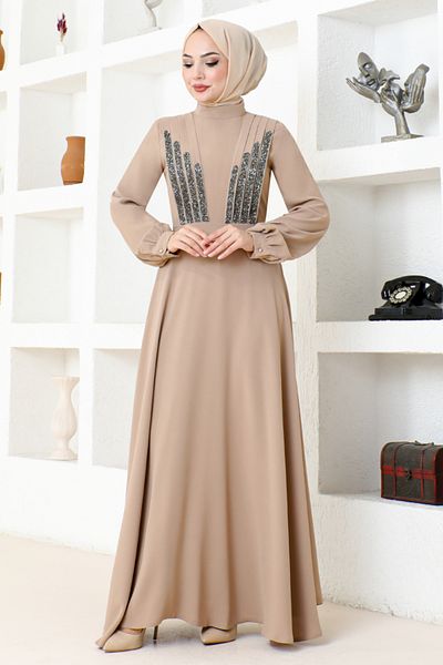 ModaMerve EMO6146 Model Mink Stone Detailed Evening Dress