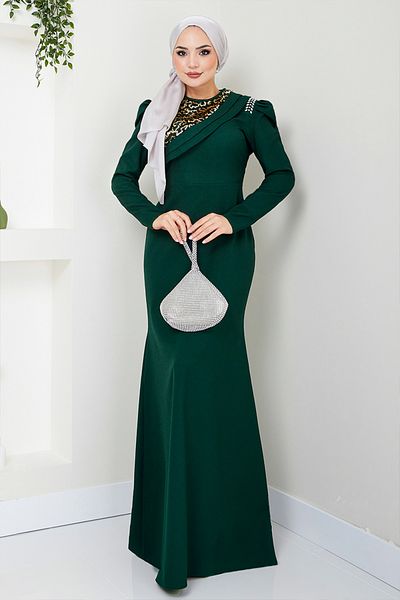 ModaMerve Βραδινό φόρεμα με λεπτομέρεια Emerald Stone ASM2708