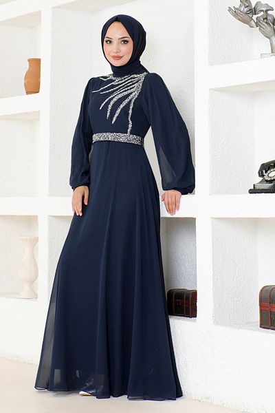 ModaMerve Βραδινό φόρεμα με λεπτομέρεια Navy Blue Stone - LPN6025