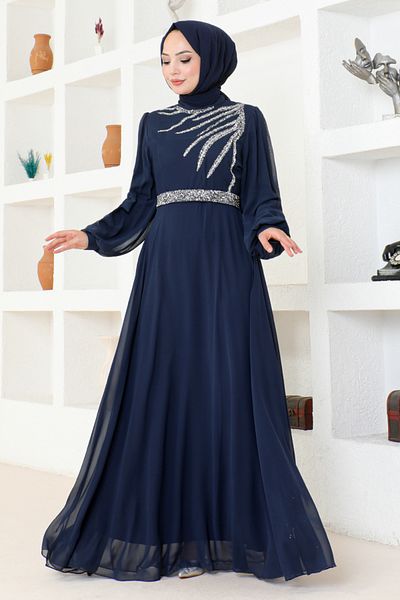 ModaMerve Βραδινό φόρεμα με λεπτομέρεια Navy Blue Stone - LPN6025