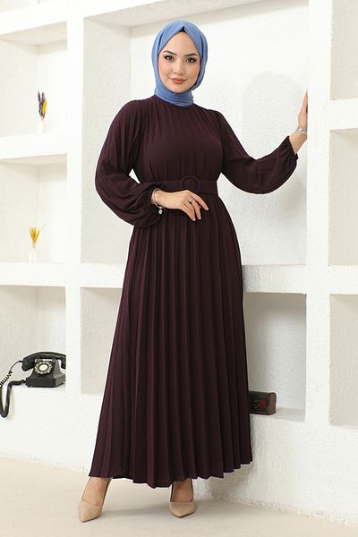 ModaMerve Plum Belted Dress - HBS9897