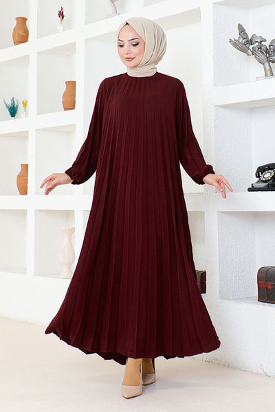 ModaMerve Burgundy Belted Dress - HBS9897