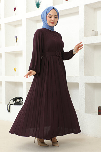 ModaMerve Plum Belted Dress - HBS9897