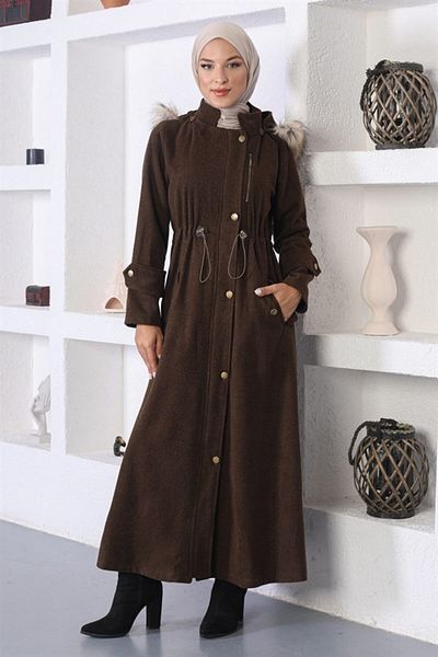 Modamihram Brown Stamp Coat - elastic Waist Mih10391