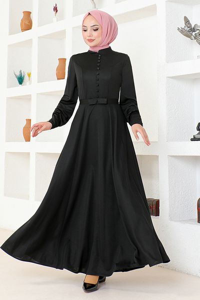 ModaMerve Black Button Detailed Dress DVL266