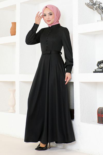 ModaMerve Black Button Detailed Dress DVL266