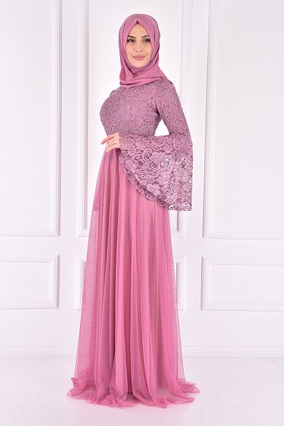 ModaMerve Lace Detailed Stone Evening Dress - Dried Rose ASM2167