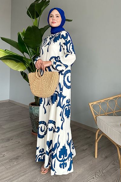 InStyle Saks Blue Single Patterned Viscose Dress