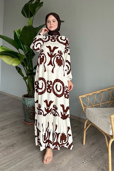 InStyle Hořkohnědé jednobarevné vzorované viskózové šaty