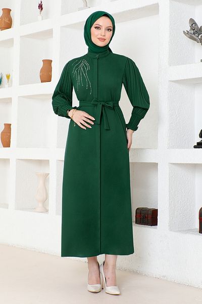 ModaMerve Emerald Belted Ferace Dress - ASN172