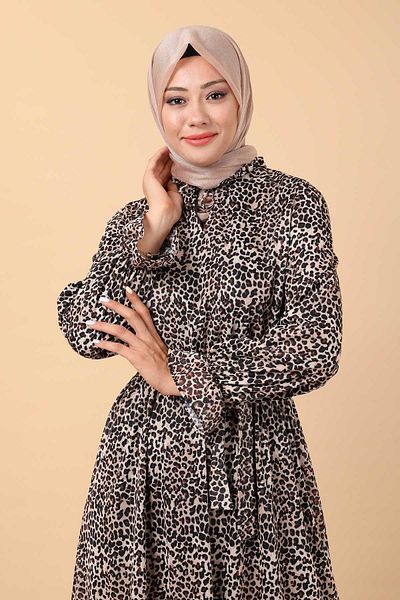 ModaMerve Tan Leopard Patterned Dress - MİH12230