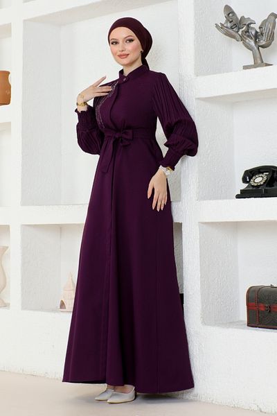 ModaMerve Purple Belted Ferace Dress - ASN172