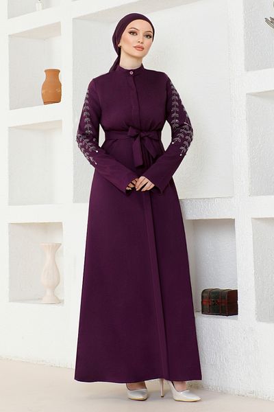 ModaMerve Purple Belted Ferace - ASN171