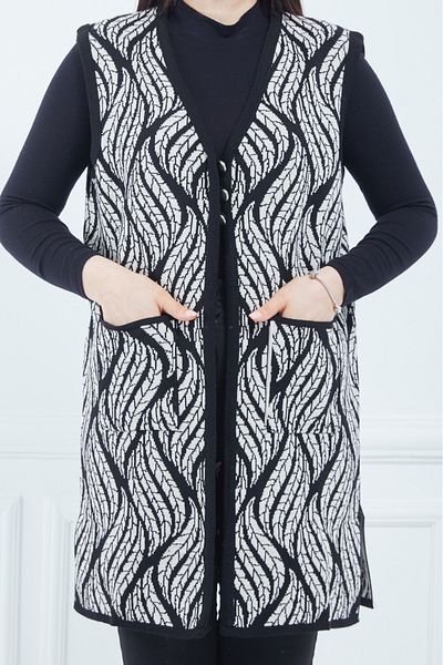 Stilmony Women's Cream Leaf Patterned Long Knitwear Vest with Three Buttons and Pockets