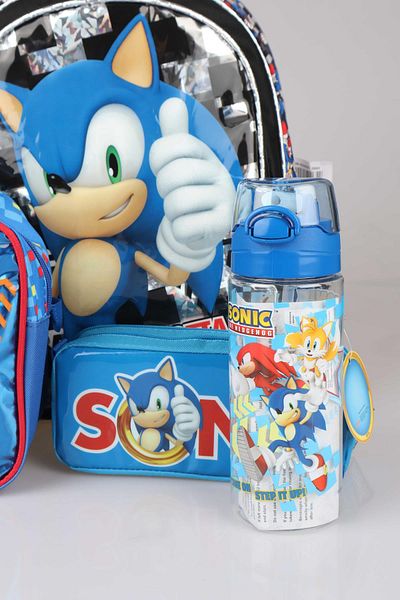 Disney Geantă de școală Sonic cu licență - Set de nutriție, stilou și sticlă Tritan de 500 ml