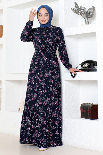 ModaMerve Φόρεμα Navy Blue με φλοράλ σχέδιο - ZNN4069