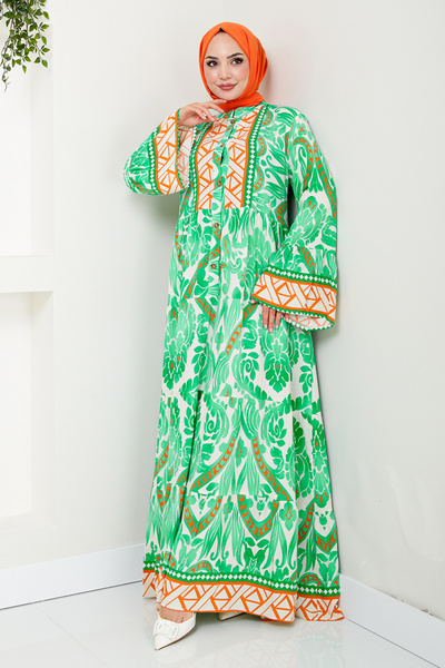 ModaMerve Green Patterned Dress - MDP7114