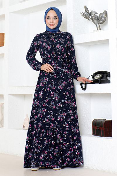ModaMerve Φόρεμα Navy Blue με φλοράλ σχέδιο - ZNN4069