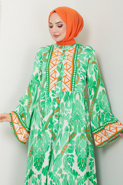 ModaMerve Green Patterned Dress - MDP7114