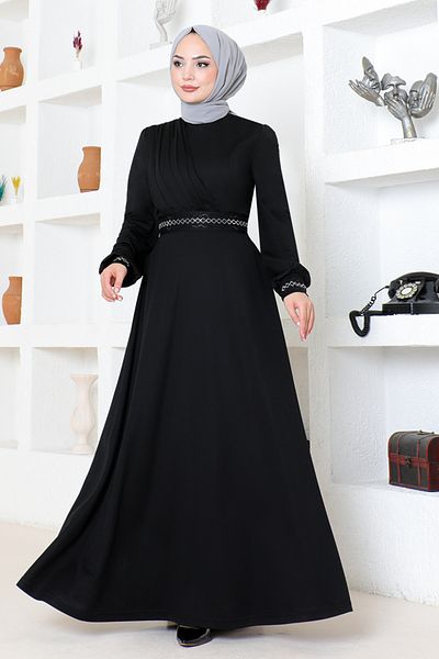 ModaMerve Black Stone Detailed Dress - DVL272