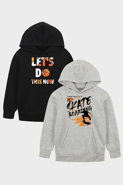 YA KO KİDS Комплект от 2 сиво-черен суитшърт Let's Do-Sk Skate за момчета с качулка с джоб и кенгуру