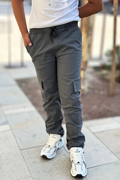 Genel Markalar Çocuk Füme Canvas Kargo Cepli Esnek Okul Pantolonu