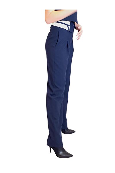 Geco Navy Blue Polyviscon - Waist Folded Trousers