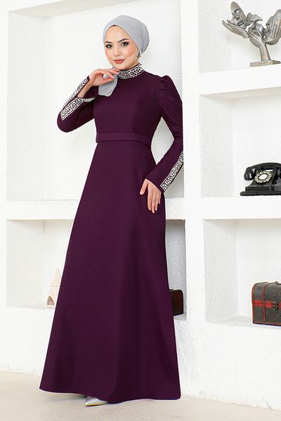 ModaMerve Purple Stone Evening Dress - ASM2697