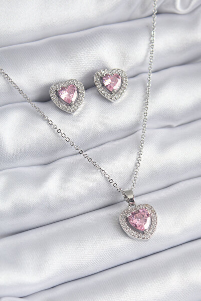 Moka Shopin Set de colier și cercei pentru femei MokaShopin 316L Heart Model Silver Color Zircon Stone