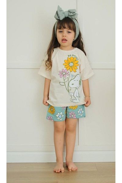CANDA Snoopy Printed Short Sleeve Shorts Set for Girl - Summer