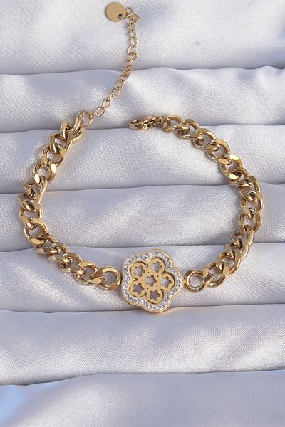 Moka Shopin MokaShopin Gold Colored 316L Zircon Stone Flower Patterned Chain Bracelet