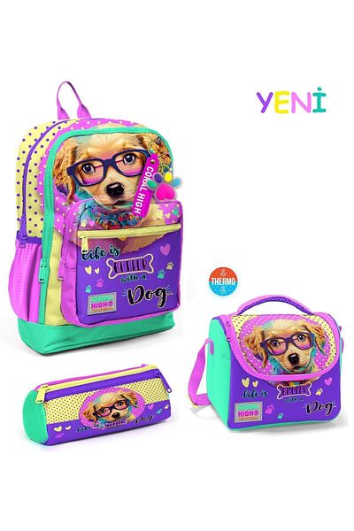Coral High Set de 3 geanți de școală pentru câini, galben roz