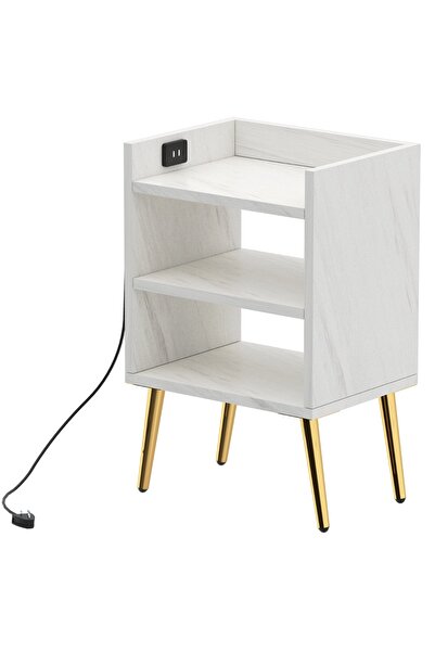 Mahmayi Modern Night Stand with USB Ports, 3 Shelves – White Marble Design for Bedroom/Living Room