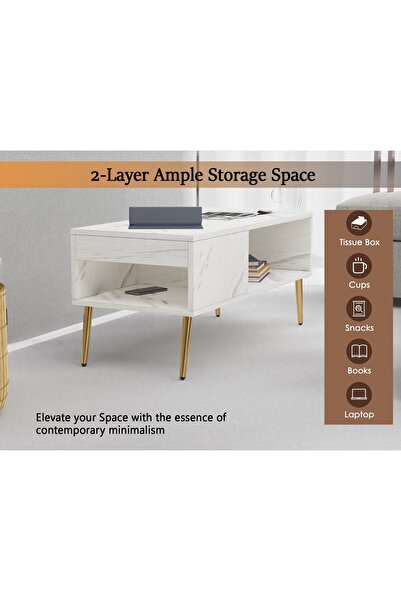 Mahmayi Modern White Marble Coffee Table with Storage Shelf - Durable, Stylish, Space-Saving
