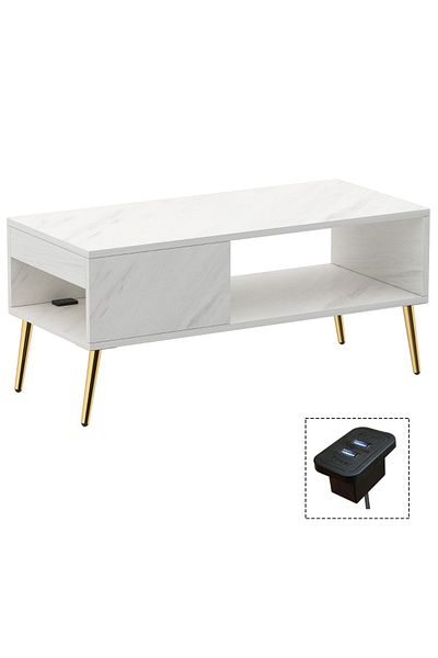 Mahmayi Modern Coffee Table with USB Port & Storage - White Levanto Marble Finish