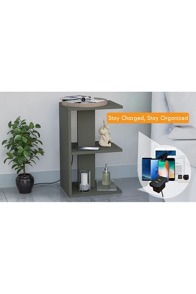Mahmayi E-Shape Night Stand with USB Ports & 3 Shelves - Lava Grey, Easy Assembly, Lightweight