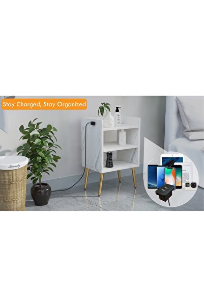 Mahmayi Modern Night Stand with USB Ports, 3 Shelves – White Marble Design for Bedroom/Living Room