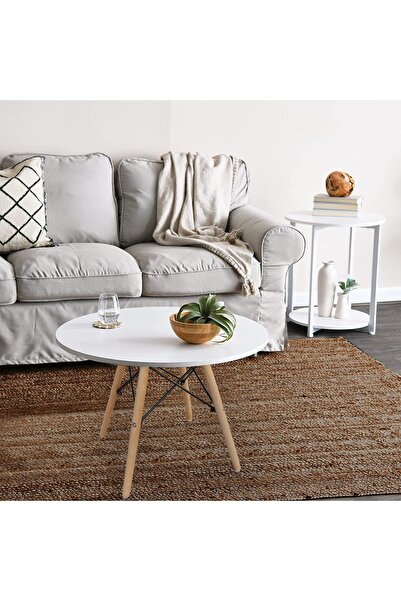 Mahmayi Modern Round Coffee Table – Wooden Quad Legs, White – Perfect for Living Room & Balcony