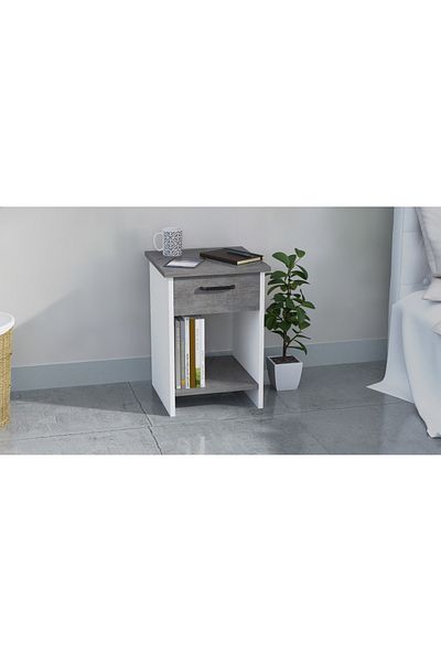 Mahmayi Modern Nightstand with Drawer & Open Shelves, Lightweight, Easy Assembly - Anthracite/White