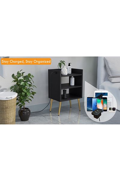 Mahmayi Modern Night Stand with USB A/C Ports & 3 Open Shelves - Black, Easy Assembly