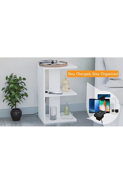 Mahmayi E-Shape Night Stand with USB Ports & 3 Open Shelves - Easy Assembly, Lightweight, White