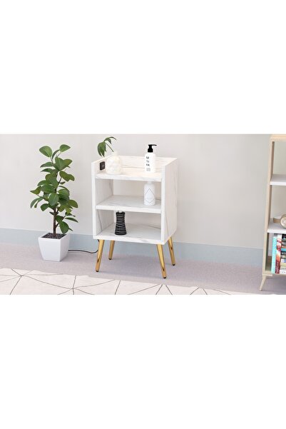 Mahmayi Modern Night Stand with USB Ports, 3 Shelves – White Marble Design for Bedroom/Living Room