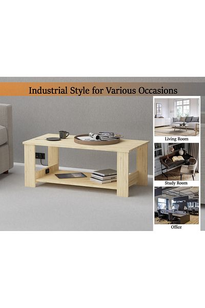 Mahmayi Modern Coffee Table with 2-Tier Storage & USB Port - Natural Davos Oak
