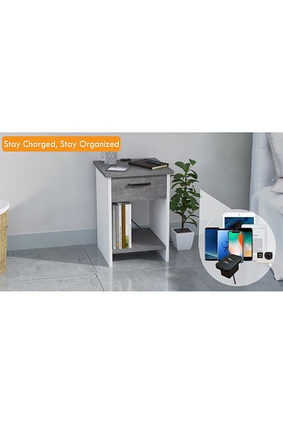 Mahmayi Modern Nightstand with USB Ports, Drawer, Open Shelves - Anthracite/White, Easy Assembly