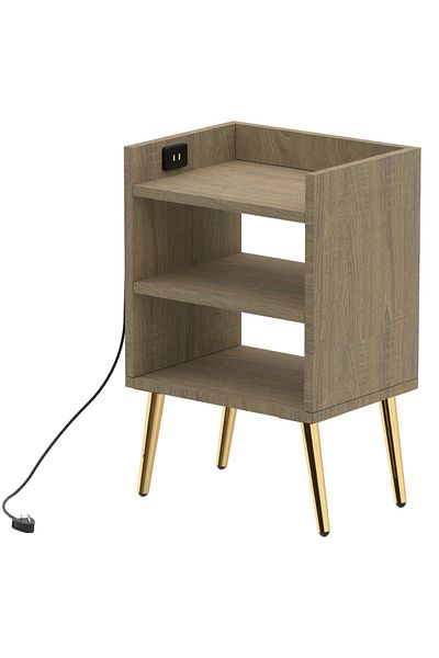 Mahmayi Modern Grey Night Stand with USB Ports & 3 Open Shelves for Living Room/Bedroom