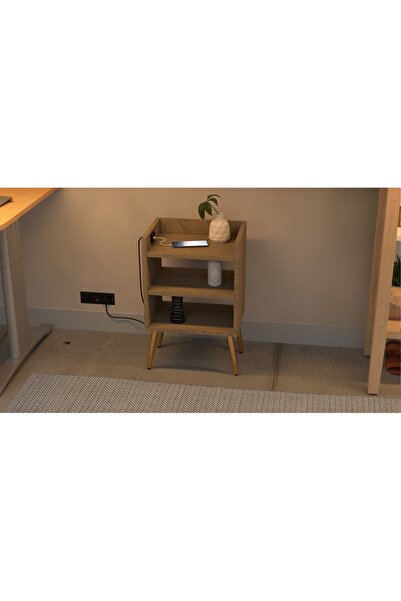 Mahmayi Modern Grey Night Stand with USB Ports & 3 Open Shelves for Living Room/Bedroom