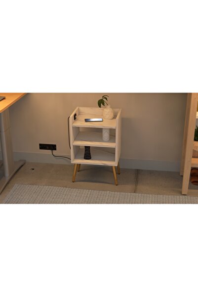 Mahmayi Modern Night Stand with USB Ports, 3 Shelves – White Marble Design for Bedroom/Living Room