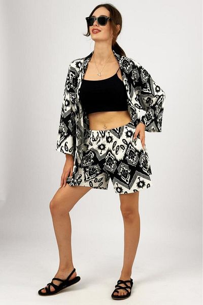 Betimoda Lycra Women's Shorts Summer Set - Loose Wrapped Fabric, Black Buta, 2-Piece Bottom-Top Set