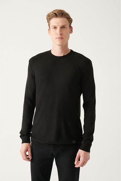Avva Men's Black Crew Neck Front Textured Regular Fit Knitwear Sweater A22y5070